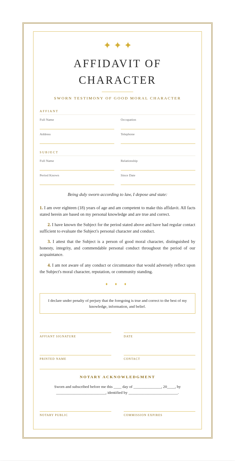 Certificate Style Affidavit of Character